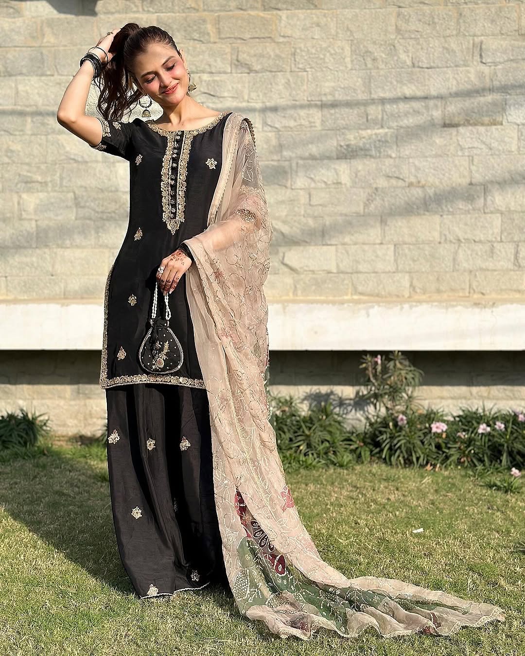 BLACK KURTI - hand painted duptha along with palaza and kurti