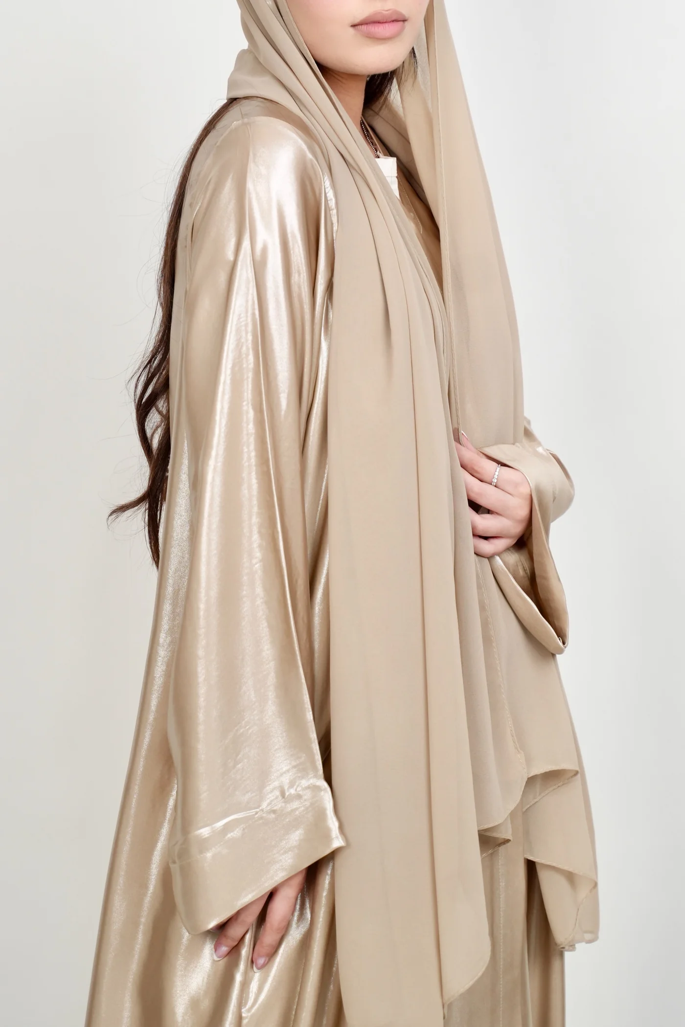 AISHA – Gold Loose-Fit Silk Abaya with Chiffon Sheila alternate view