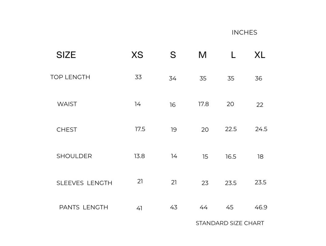 Size chart for ZARA - Hand Embroided Nikah Article