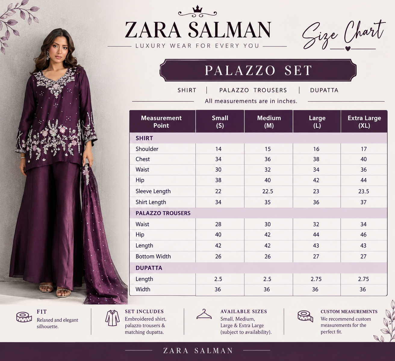 Size chart for AMEERA